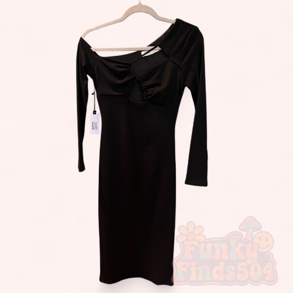 ASTR the Label Black Ribbed Cutout Bust Bodycon Midi Dress NWT Size S Chic Sexy